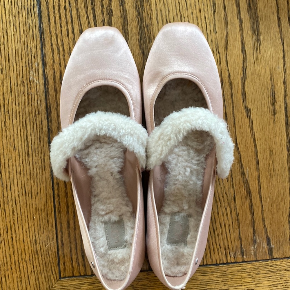 UGG Lena Fluff Mary Jane style Ballet Flats Pink Satin & Sheepskin